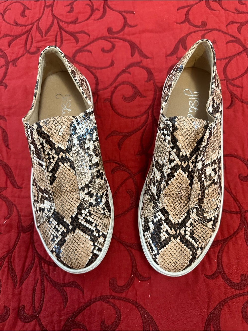 J Slides Snake-Print Slip-On Sneakers in Brown and Black